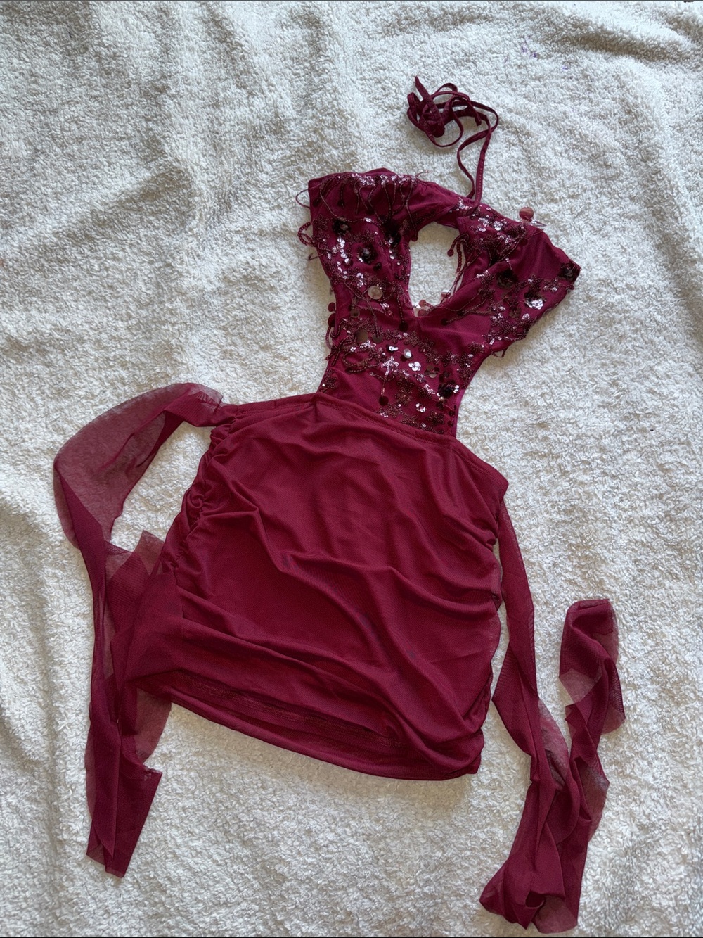 Burgundy Sequin Plunge Mini Dress
